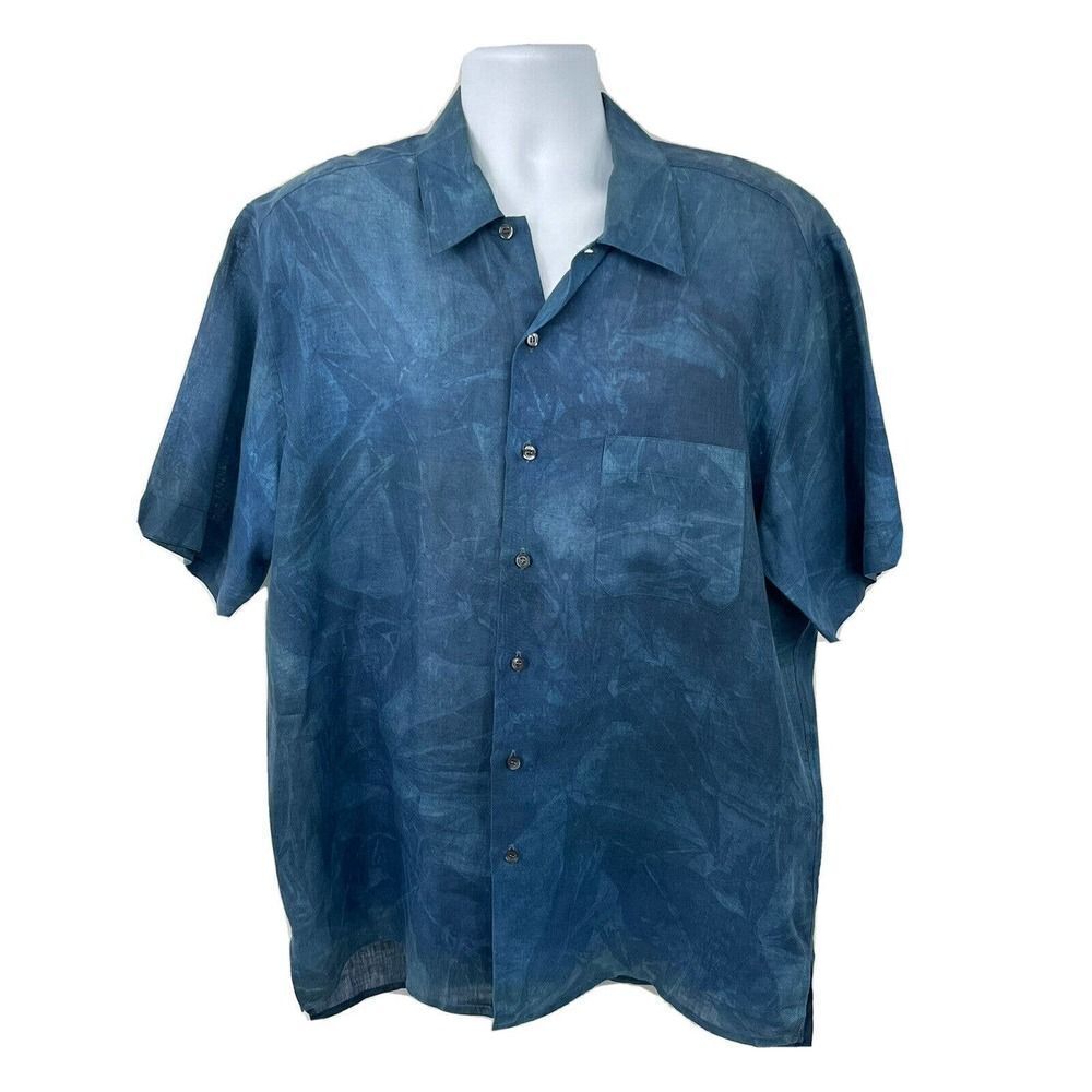 Gran Sasso‎ Blue Hawaiian Shirt 100% Flax Size 54 Short Sleeve Button Up